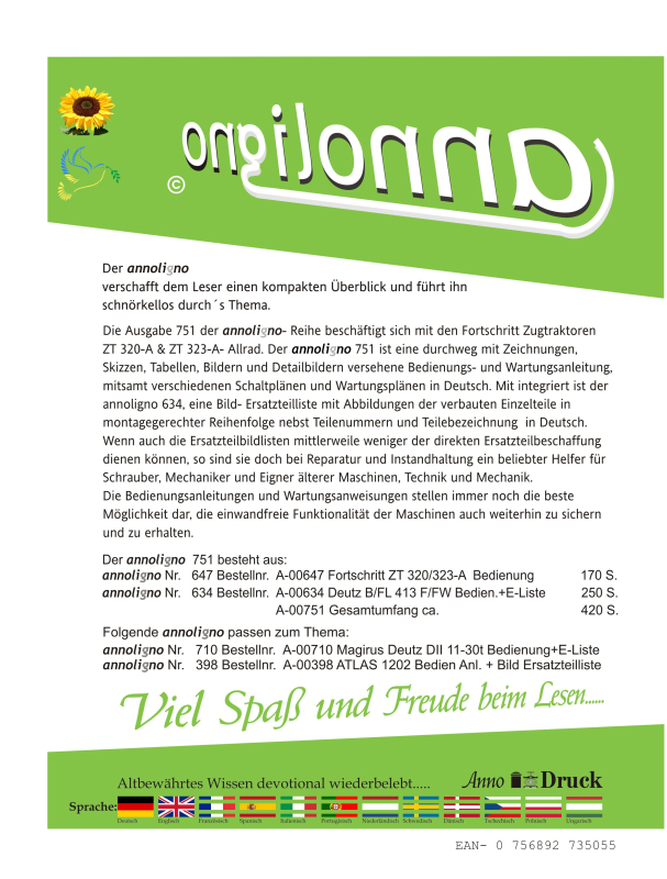 Fortschritt Traktor/Schlepper Zugmaschine Typ ZT 320-A & ZT 323-A- Allrad Bild- Bedienungsanleitung & Wartungsanleitung & Bild- Ersatzteilliste & Explosionszeichnungen - annoligno 751